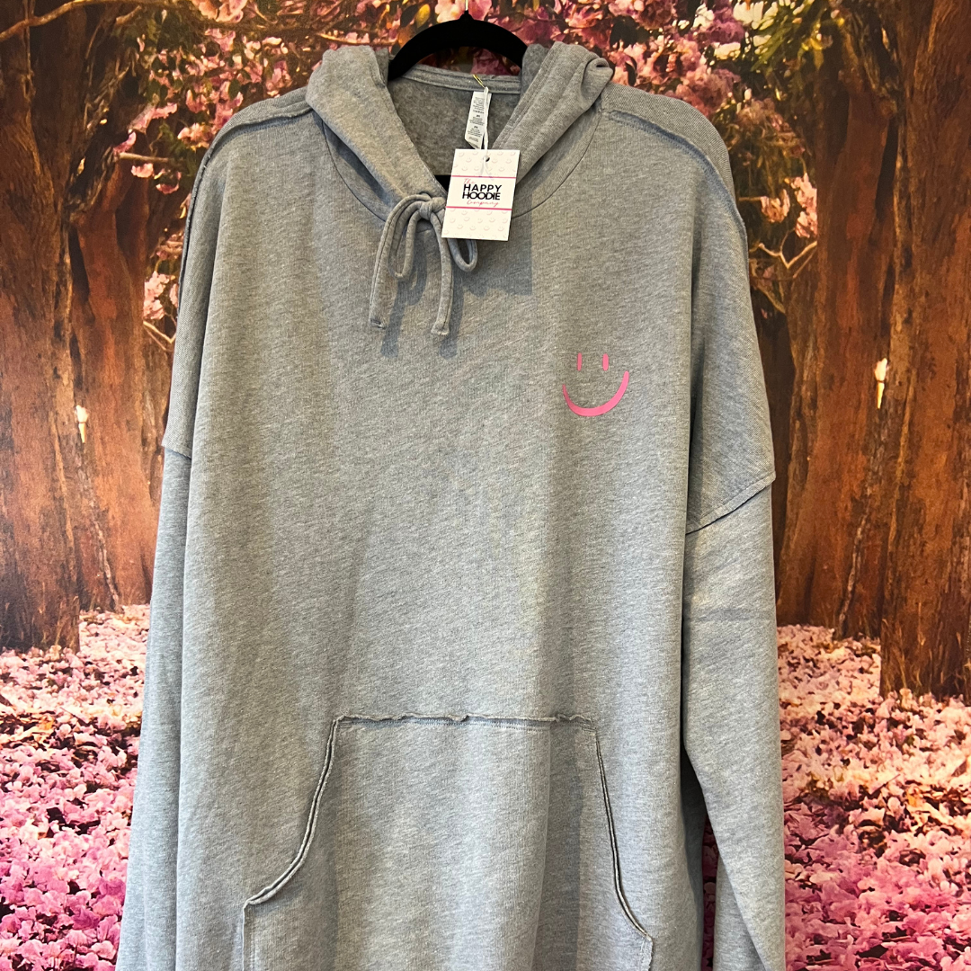 Grey and Pink Smiley Lightweight Oversized Hoodie - 2XL