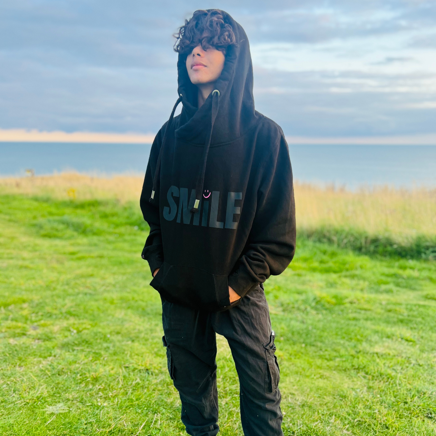 Black on Black Smile Cowl Hoodie