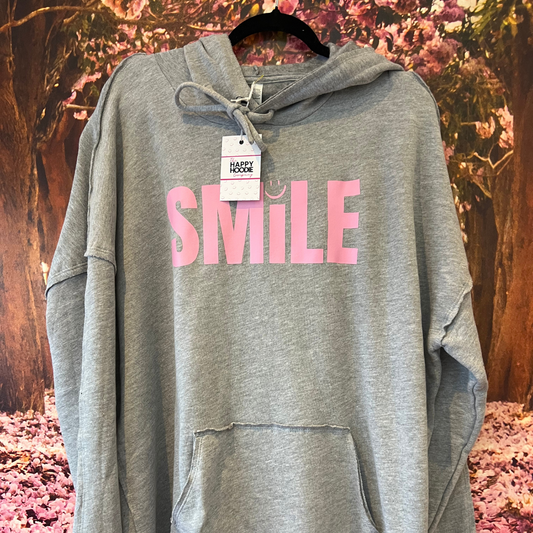 Grey and Pink Smile Lightweight Oversized Hoodie - LARGE