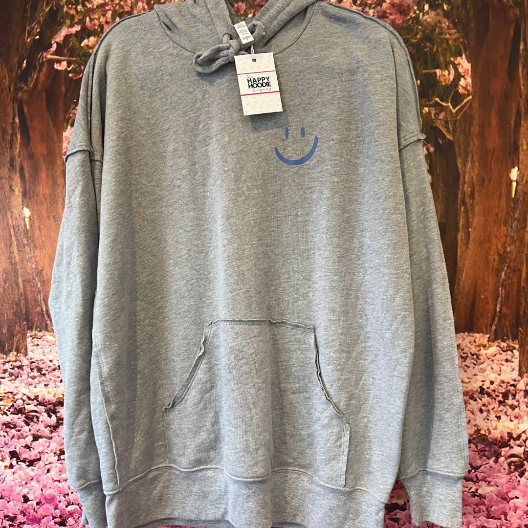 Grey and Blue Oversized Smiley Hoodie - SMALL