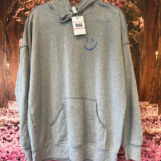 Grey and Blue Oversized Smiley Hoodie - SMALL