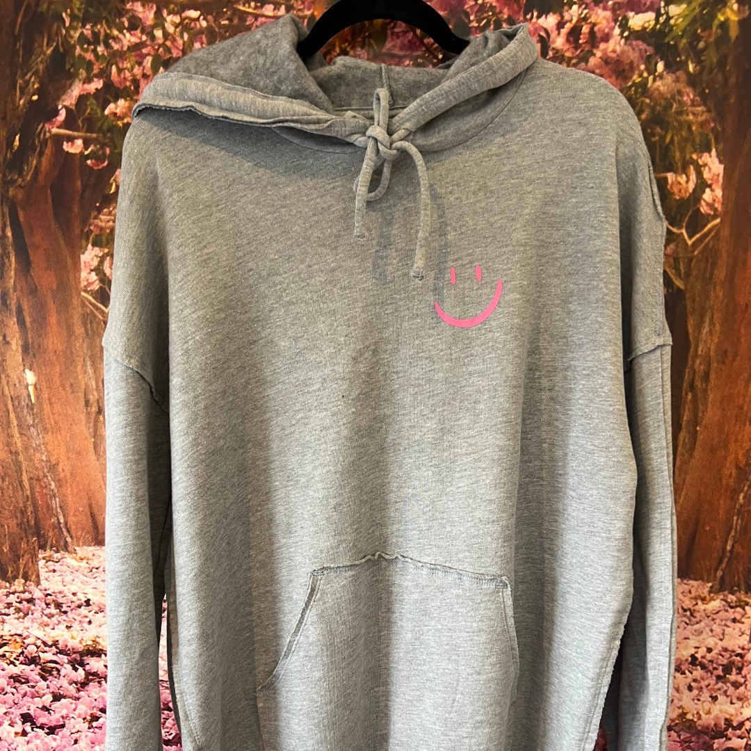 Grey and Pink Smiley Lightweight Oversized Hoodie -MEDIUM
