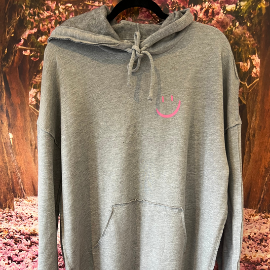 Grey and Pink Smiley Lightweight Oversized Hoodie -MEDIUM
