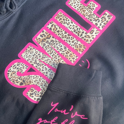 Leopard SMILE Black and Pink Cowl Hoodie, Classic Hoodie and Sweater