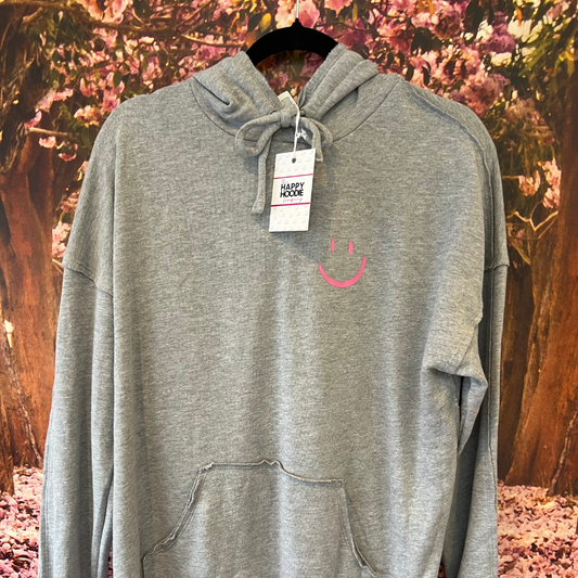 Grey and Pink Smiley Oversized Lightweight Hoodie - SMALL