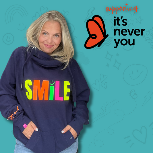 Navy and Neon Smile Cowl Charity Hoodie